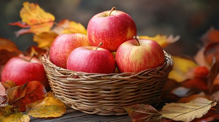 Fresh Apples in a Rustic Basket with Leaves