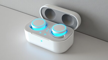 Fototapeta premium Stylish Wireless Earbuds Charging Case with Blue LED Indicators