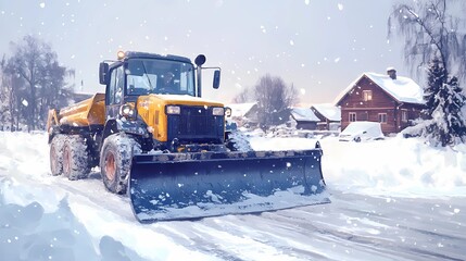 Winter road maintenance snowplow clearing urban streets, showcasing its efficiency, depicted in a polished, high-detail illustration style