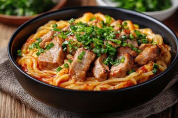 Fototapeta premium Pork udon ramen in kimchi broth Asian cuisine