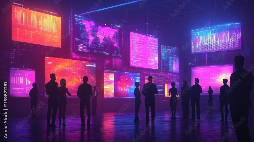 Poster silhouetted figures observing diverse data displays on large screens in a futuristic space.
