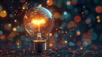 Glowing Light Bulb with Sparkling Bokeh Background