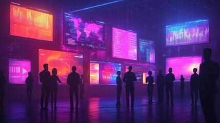 Silhouetted figures observing diverse data displays on large screens in a futuristic space.