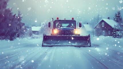 Winter road maintenance snowplow clearing urban streets, showcasing its efficiency, depicted in a polished, high-detail illustration style