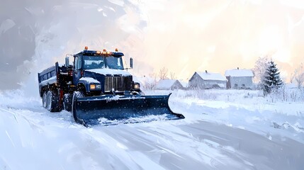 Winter road maintenance snowplow clearing urban streets, showcasing its efficiency, depicted in a polished, high-detail illustration style