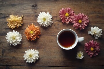 Prepare hot chrysanthemum tea on a wooden table a healthy herbal beverage