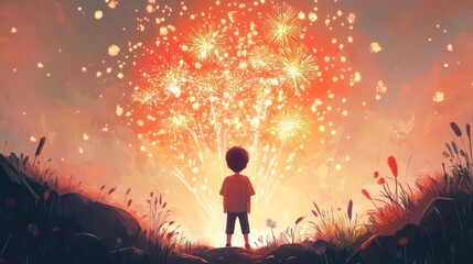 Boy watching a vibrant fireworks display at dusk.