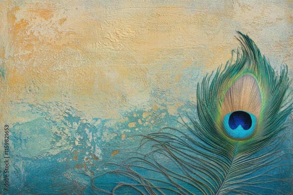 Leinwandbilder Close up view of a peacock feather displaying detailed textures against a textured background with ample copy space. Generative AI