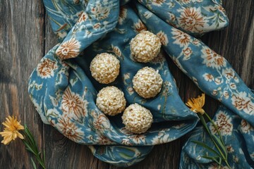 Obraz premium Sicilian rice balls featuring gluten free arancini stuffed with mushrooms and cream presented on a wooden surface with floral fabric Quick meal close up overhe