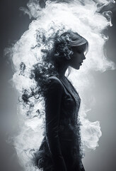 A surreal digital artwork of a faceless businesswoman, representing burnout, ideal for wellness campaigns, mental health awareness, and corporate stress management initiatives.