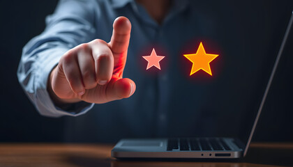 Unhappy Client hand using desktop and give one star symbol for  dissatisfied of product and service concept, bad review,bad  service ,bad quality,low rating isolated with white highlights, png