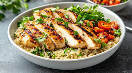 Grilled chicken breast with quinoa and cherry tomatoes, garnished. Generative Ai
