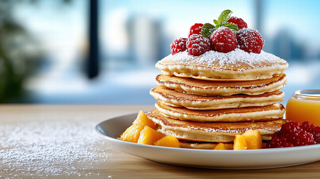 Delicious pancakes topped with raspberries and powdered sugar Generative Ai