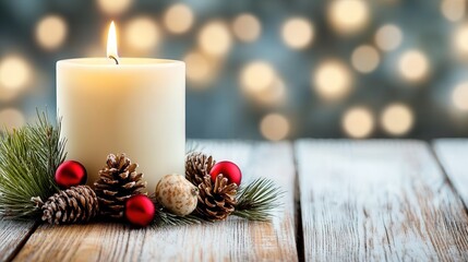 candlemas day candle and pine leave and cones with lights