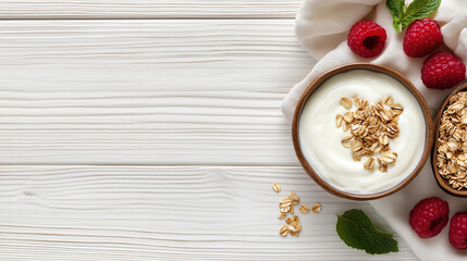 Creamy yogurt with granola and fresh raspberries on wooden table Generative Ai