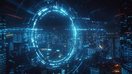 Futuristic city view through a glowing digital portal.