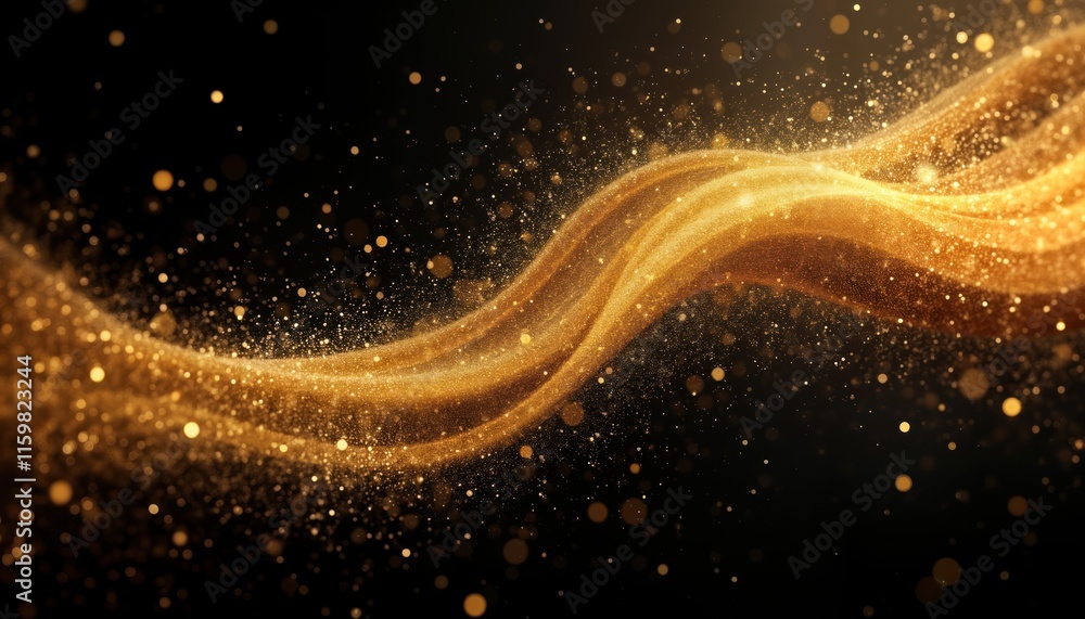 Poster abstract gold dust pattern against dark background. gold particles create flowing lines, glittering 