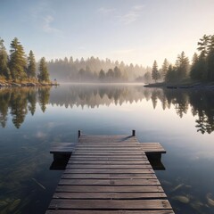 Serene wooden pier reflected in calm morning lake water, peaceful, serene landscape