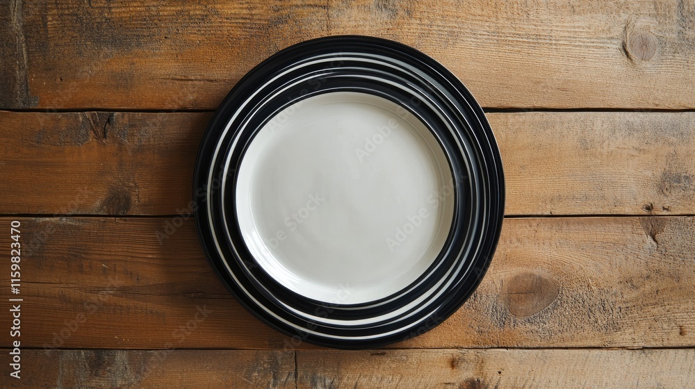 Poster circular plates stacked on wooden table with rustic background
