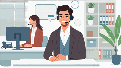 a male customer service person with a headset on her head smiles and poses in her office 