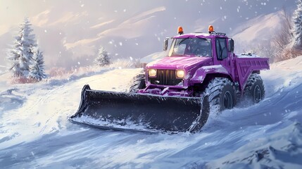 Large snowplow in action during heavy snowfall, creating a safe roadway, illustrated in a vibrant, dynamic art style