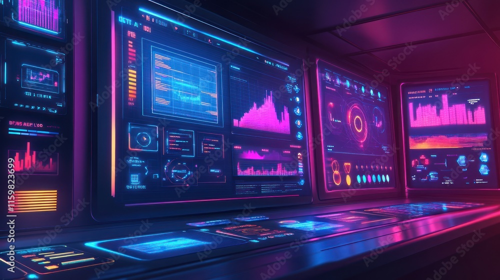 Poster futuristic control room with glowing screens displaying data. (3)