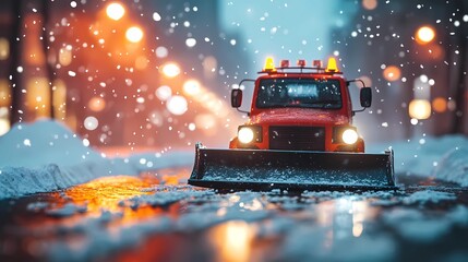 Large snowplow in action during heavy snowfall, creating a safe roadway, illustrated in a vibrant, dynamic art style