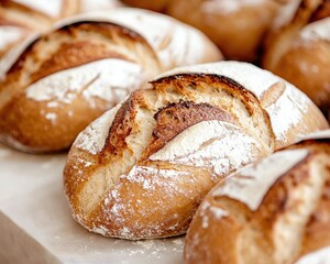 Freshly baked artisan bread rolls with a crispy crust and light flour dusting, arranged beautifully on a surface.