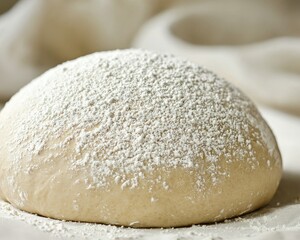 Fototapeta premium A smooth ball of dough dusted with flour, ready for baking, showcasing the art of bread-making in a rustic kitchen setting.