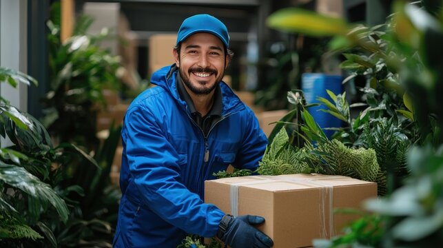 Smiling Delivery Worker in Greenhouse Setting