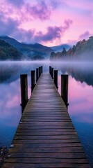 A serene wooden pier extends into a calm lake, surrounded by misty mountains and a colorful sunset sky.