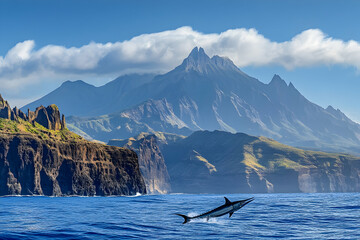Obraz premium Majestic sailfish leaps from the ocean against a dramatic backdrop of volcanic mountains and cliffs.