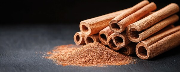 A close-up of cinnamon sticks arranged with a sprinkling of ground cinnamon on a dark surface, highlighting their rich color and texture.