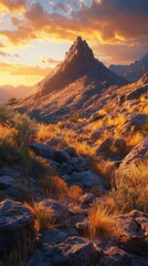 A stunning sunset landscape featuring a rocky peak surrounded by golden grass and dramatic clouds.