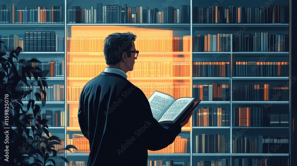 Poster man reading book in library, illuminated bookshelf.