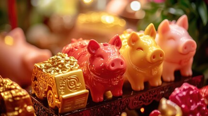 Obraz premium Colorful Pig Figurines for Wealth and Prosperity Celebrations