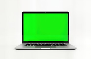 Modern laptop computer with blank green screen on white background. Portable device with silver aluminum body. Empty display ready for graphics video overlay. Versatile product for mockups digital