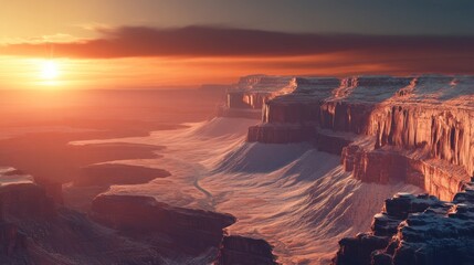 A breathtaking sunset over rugged canyon landscapes, showcasing dramatic rock formations and vibrant colors.