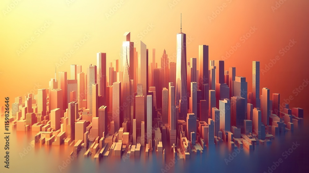 Poster dynamic 3d cityscape with warm light and angles