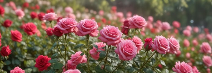 Soft focus photo of a rose field with red and pink roses and a serene bokeh background, rose field, gentle light, soft focus