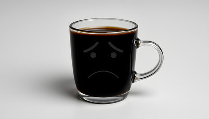 A cup of black coffee with a sad face. Concept of coffee harm, bad habit and caffeine addiction. Contrast black and white background isolated with white highlights, png
