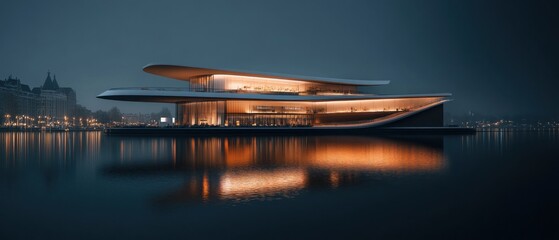 Modern waterfront building at night, illuminated, reflecting in calm water.