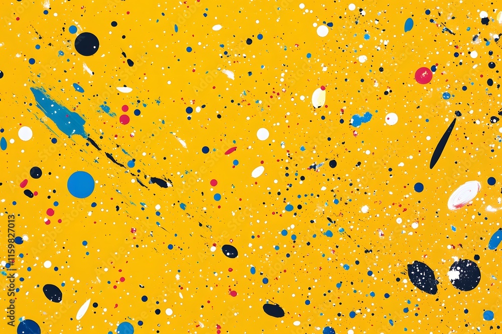 Poster abstract composition with yellow background and multicolored paint splatters