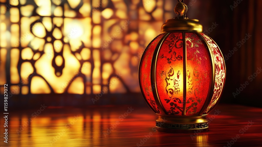 Poster elegant red lantern with intricate design glowing in soft light