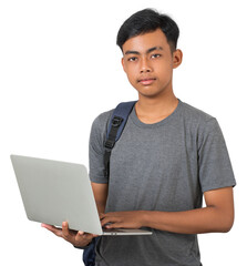 Smiling young college student with books and backpack ready for school isolated on white background
