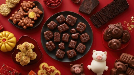 Festive Assortment of Colorful Cookies and Chocolate Treats on Red Background
