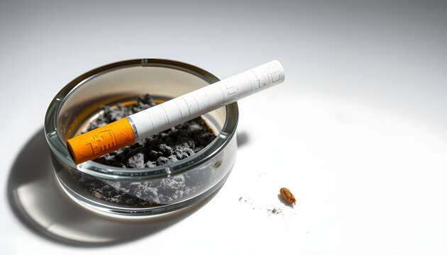 cigarette and an ashtray on white background. the cigarette is on the ashtray. Yellow filter. Harm to health. It a bad habit. The vision of world without tobacco, tobacco and lung health. Lung cance