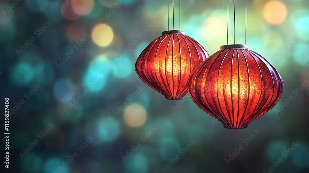Poster red lanterns hanging with bokeh background and soft lighting effects
