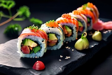 Artfully presented sushi rolls on a sleek black plate, highlighting fresh ingredients and vibrant colors. Perfect for food photography, culinary magazines, and promotional materials.