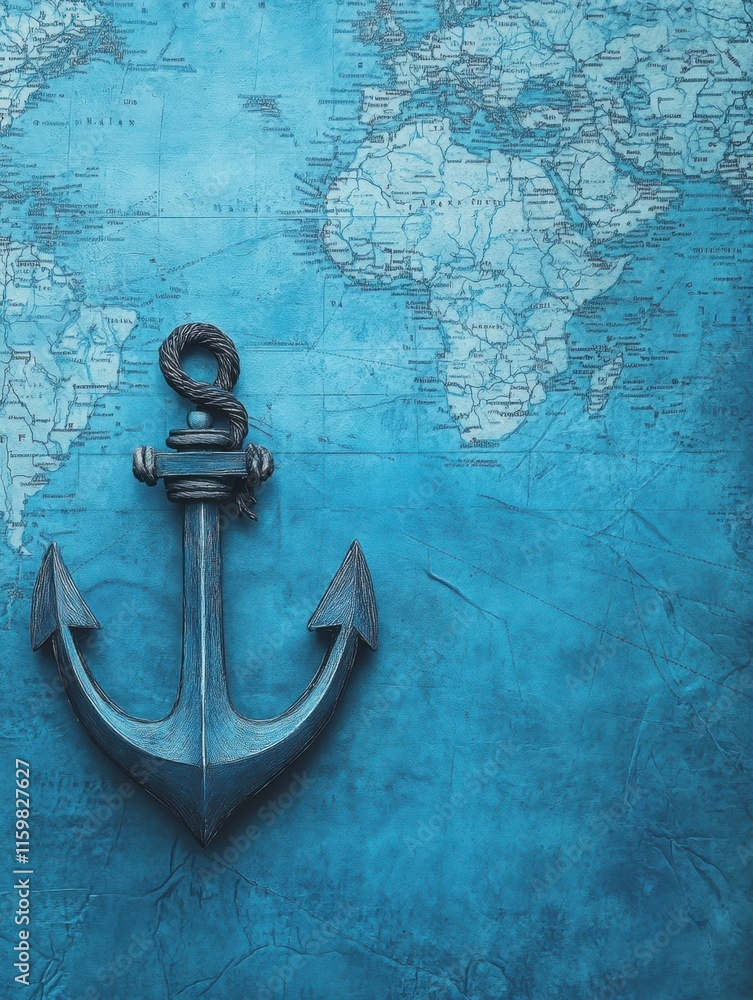Poster nautical anchor resting on a vintage world map with copy space for travel themes and maritime activi